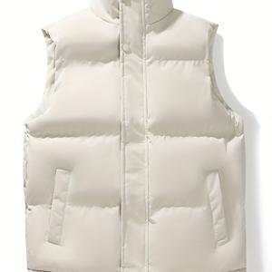 TEMU 남성 캐주얼 만다린 칼라 패딩 조끼 - 폴리에스테르 100%, 비신축성, 단색, 버튼 디테일, 일반 핏, 가을/겨울 시즌, 하이킹, 야외 활동 및 일상 착용에 다기능, 두꺼운