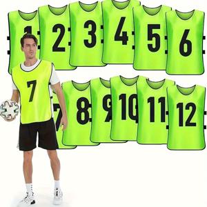 TEMU 12개의 폴리에스터 훈련 조끼 세트 - 축구, 농구 및 팀 스포츠용 캐주얼 스타일 니트 원단 연습 재킷, 크루 넥, 슬리브리스, 단색, 패딩 없음 - 그룹 분할용 기계 세척 가능한 메쉬 핀니