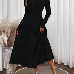 TEMU 여성용 고탄력 리브드 드레스 - 롱 슬리브 라운드넥 핏감 솔리드 컬러 가을 겨울 우아한 스페셜 라인, 편안한 긴팔 원피스, 캐주얼 윈터웨어, 내구성 있는 니트 소재, 시즌 패션, 스트레치 원단, 세련된 여성복