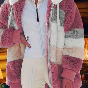 TEMU 여성용 플러시 인조 퍼 후드 재킷 - 컬러 블록 디자인, 릴랙스 핏 겨울 라운지웨어 & 아우터웨어, 세탁기 사용 가능, 편안한 홈 & 외출 코트, 귀여운 지퍼 수납