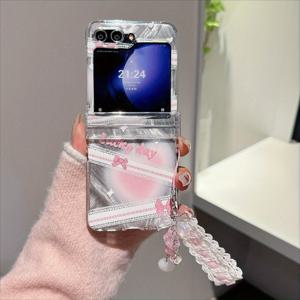 TEMU 삼성 갤럭시 Z Flip3/Flip4/Flip5/Flip6용 핑크 레이스 스트랩 + 팔찌 폰 케이스 세트, 완벽한 패키지 방지 낙하 보호 케이스, 창의적이고 심플한 니치