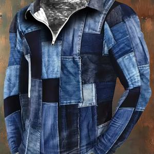 TEMU 남성용 데님 패치워크 프린트 골프 셔츠, 봄과 가을용 캐주얼 스타일 긴팔 하프 지퍼 상의 선물로