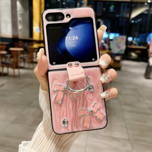 TEMU 삼성 zflip6 접이식 스크린 zflip5 보호 케이스에 적합한 창의적인 개성 zflip3 모바일 폰 보호 케이스, 3D 스위트 보우 DIY 반짝이는 섬세한 크림 패턴 링 버클 모바일 폰 케이스