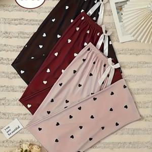 TEMU 3-피스 세트 귀여운 하트 패턴 슬립 팬츠, 리본 디테일, 니트 원단 폴리에스터 및 엘라스테인 블렌드 파자마 바지 성인용, 편안한 홈웨어 잠옷