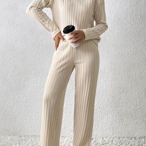 TEMU 여성용 리브 솔리드 컬러 투피스 세트, V넥 긴팔 상의 및 레그 바지, 폴리에스터 니트 원단, 폴리에스터 95% 엘라스테인 5%, 캐주얼 스타일, 가을/겨울 컬렉션, 140gsm