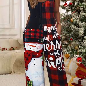 TEMU 여성 크리스마스 테마 저지 원피스 - 둥근 목, 캐주얼 스타일, 폴리에스터, 올 시즌, 성인용, 포켓 포함 - 축제 무늬 및 눈사람 디자인