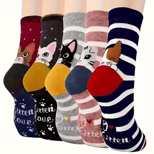 TEMU 여성용 귀여운 고양이 양말 5켤레 세트 - 가을과 겨울에 편안하고 따뜻하며 다용도로 사용 가능, 고양이 애호가를 위한 완벽한 선물, 기계 세탁 가능, 다양한 색상의 장난기 있는 고양이 디자인, 여성용 귀여운 양말, 고양이와 개를 위한 양말, 여성용 고품질 양말, 스타킹, 양말