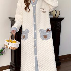 TEMU 겨울 귀여운 곰 자수 장식 긴팔 V넥 나이트가운 - 폴리에스터 니트 원단, 스커트 실루엣, 만화 캐릭터 패턴이 들어간 편안하고 따뜻한 잠옷 - 우아한 컬렉션|인견원피스