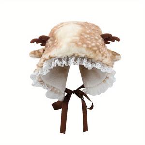 TEMU 여성용 포근한 크리스마스 무스 모자 - 인조 퍼 뿔 & 레이스 트림, 두꺼운 겨울 비니, 추위 방지, 축제 분위기 헤드웨어, 부드러운 소재