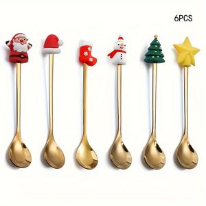 TEMU 크리스마스 장식이 있는 6개 세트 스테인리스 커피 스푼 세트 - 휴일 디저트, , 밀크쉐이크 및 선물에 완벽 - 산타, 순록, 눈사람 및 나무 디자인으로 홈, 파티 및 카페, 크리스마스 테이블 장식에 적합, 크리스마스에 가장 좋습니다