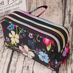 TEMU 다용도 캐리, 빈티지 플로랄 트리플 지퍼 클러치 지갑 - 여성용 클래식 나일론 동전 지갑, 손목 스트랩 포함