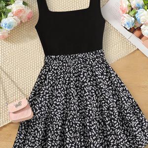 TEMU 미디엄 길이 블랙 플로럴 스플라이스 A라인 여름 휴가 드레스, 패셔너블 소소 프린트 원피스 스커트 (청소년용)
