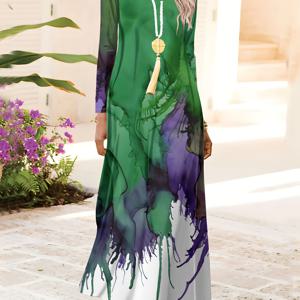 TEMU 여성용 우아한 긴팔 맥시 드레스 - 그린 퍼플 화이트 수채화 프린트, 플로이 A라인 실루엣, 라운드넥 캐주얼~포멀 스프링/가을 의상, 다용도 데일리 & 특별한 날 드레스, 봄 패션, 편안한 착용감, 스타일리시 여성, 여성 원피스 여름, 꽃무늬 원피스, 가을 원피스, 미니 원피스, 드레스 여성 파티, 긴팔원피스