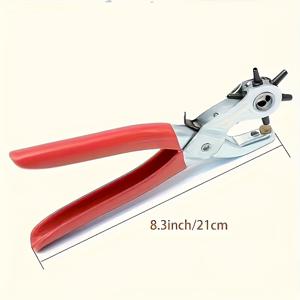 TEMU 1pc 중공 Imitation Faux Leather Punching Pliers - 회전 스틸 수동 도구, 빨간 고무 그립, 벨트, 수제 및 공예용 정밀 조정 가능 - 내구성 있는 DIY 가죽 처리 장비, 공예 도구, 인간 중심 디자인, 강력한 구조