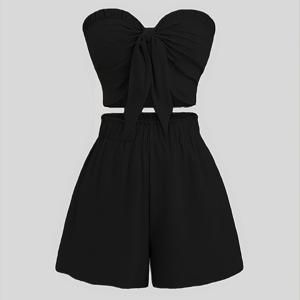 TEMU 심플한 휴가 스타일 로맨틱 비치 데이트 세트: V넥 크롭탑과 밴딩 숏팬츠 여성용 투피스, 다재다능 프렌치 캐주얼 룩, 여성을 위한 비치 아웃핏