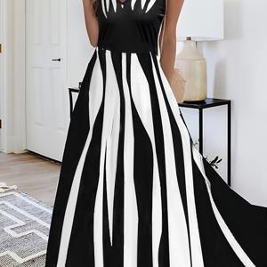 TEMU 아름다운 흑백 V넥 슬리브리스 미디 드레스, 추상 프린트가 있는 다용도 풀바디 프린트 A라인 탱크 드레스, 여성용, 봄/여름/가을 패션, 캐주얼 시크한 의상 | 고품질 프린트 | 다용도 패션 피스