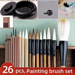 TEMU 26개 페인팅 브러쉬 세트 - 고품질 수채화 & 중국 라인 아트 브러쉬, 나무 팔레트, 혼합 트레이 및 예술가를 위한 액세서리 포함, 전문 아트 도구|수채화|내구성 있는 브러시, 페인트 브러쉬