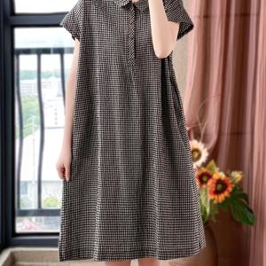 TEMU 플러스 사이즈 우아한 체크무늬 드레스 - 라펠 칼라와 넥타이 버튼, 허벅지 길이, 반 플랙, 버튼 디테일, 반팔, 봄/여름 착용, 플러스 사이즈 드레스