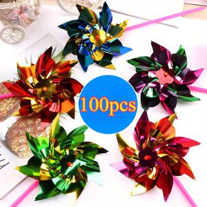 TEMU 100개 컬러풀 플라스틱 윈드 스피너와 레이저 시퀸 - DIY 조립 정원 장식, 마당, 울타리, 난간, 나무용 - 전기 필요 없음