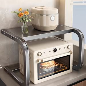 TEMU 2단 조절 가능한 전자레인지 스탠드 - 오븐 및 전자레인지용 견고한 카운터탑 정리대, 공간 절약형 스토리지 랙, 쉬운 접근 디자인, 주방 카운터탑에 완벽, 주방 카운터탑 정리대 | 슬림한 메탈릭 마감 | 내구성 있는 주방 선반