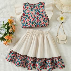 TEMU 러플 스커트와 플로럴 탑이 있는 2피스 세트 + 꽃무늬 밑단과 웨빙 벨트 하프-스커트 기하학 레이스 캐주얼 투피스 정장 소녀 의류