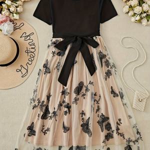 TEMU 여성용 우아한 레이스 & 자수 나비 드레스 - 블랙 & 베이지 A라인 미디엄 길이, 라운드넥, 허리 리본 디테일, 캐주얼 및 포멀 착용 가능, 세탁기 사용 가능