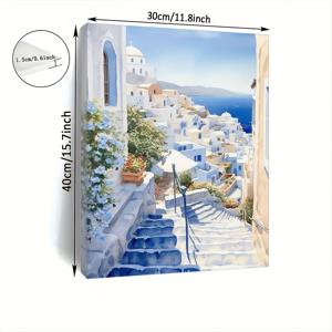 TEMU 1개 목재 액자 캔버스 바다 전망 아트 - 영감의 해안 풍경과 화이트 워시 건물 및 파란 돔 - 로맨틱한 지중해 벽 장식, 집, 사무실, 거실, 침실용 - 그 또는 그녀를 위한 독특한 선물, 11.8