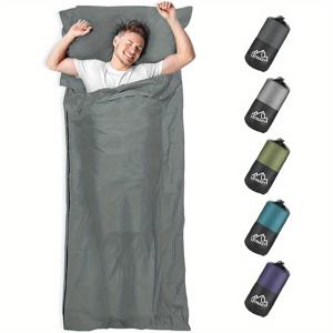 TEMU 전체 길이 지퍼 및 베개 포켓이 있는 경량 성인용 침낭 라이너 - 통기성 폴리에스터, 휴대용 캠핑 & 여행 시트, 올리브 그린, 틸 블루-그린, 다크 퍼플-블루 & 블랙 산 로고가 있는 성인용 잠자리