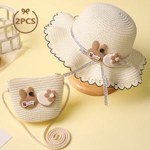 TEMU 2개 세트 멀티컬러 스타일 귀여운 토끼 모양 빨대 모자와 소형 백팩, 여름 여행 및 데일리웨어에 적합한 선물, 캐주얼 아웃핏, 휴가 필수품, 기발한 액세서리, 장난기 넘치는 디자인, 핸드메이드 느낌, 가벼운 소재, 재미있는 여름 아이템, 스타일리시 백팩, 젊은 여성, 여행 애호가