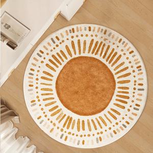 TEMU 현대 노르딕 스타일의 둥근 플러시 에어 매트 - 부드럽고 푹신한 폴리에스터 매트, 흰색과 오렌지 색상의 추상 태양 디자인으로 거실, 침실, 또는 사무실, 거실 매트 | 현대 노르딕 스타일 | 기계 세척 가능 매트, 거실용 러그