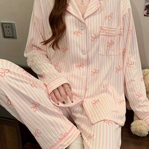 TEMU 여성용 귀여운 핑크 줄무늬 파자마 세트 - 봄/가을에 완벽한 캐주얼 긴팔, 버튼 업 상의 및 바지, 폴리에스터 소재, 캐주얼 착용|보우 프린트 상의|편안한 핏, 귀여운 파자마|잠옷|냉장고바지|옷
