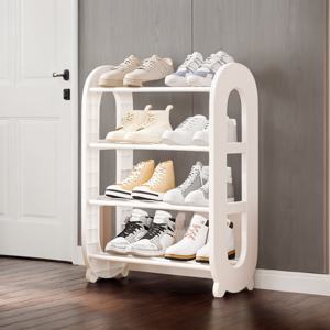 TEMU 4층 현대적인 신발 선반 - 내구성 있는 플라스틱 및 금속 프레임, 입구 및 작은 공간을 위한 공간 절약 디자인 | 세련된 검정색 및 흰색 정리함, 아파트 및 거실에 완벽한 신발 보관 정리함