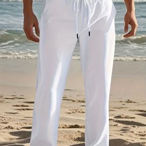 TEMU 남성용 통기성 린넨 캐주얼 팬츠 - 편안한 루즈핏 화이트-라이트 블랙 바지, 신축성 허리밴드 & 끈 조절 가능, 세로 줄무늬 디자인, 기능 포켓 포함 - 요가, 해변, 야외 및 캐주얼 착용에 적합한 가벼운 비신축성 리넨 원단 (손세탁/드라이클리닝) - 청소년 및 성인에게 이상적