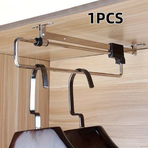 TEMU 스테인리스 스틸 벽걸이 텔레스코픽 행거 보관대 - 공간 절약형 멀티 훅 디자인, 옷장 및 수납장에 적합, 내구성 있는 금속 구조, 안전 설치용 블랙 플라스틱 엔드 캡, 건조대