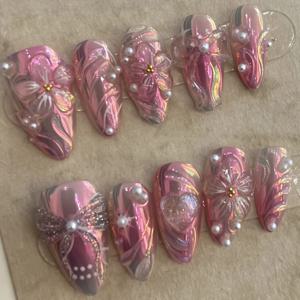 TEMU 여성을 위한 10개의 손수 제작된 착용 가능한 나일, 풀 커버리지 나일 스티커, 재사용 가능, 오로라 핑크 및 퍼플 3D 캐비티 보우넛 진주 알몬드 손그림 나일 아트
