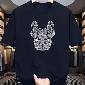 TEMU 남성용 캐주얼 프렌치 불독 그래픽 티셔츠 - 블랙 반팔 크루넥, 흰 강아지 프린트, 세탁기 사용 가능, 사계절 편안한 핏