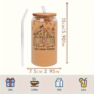 TEMU 16온스 유리 컵 세트, 뚜껑과 빨대가 있는 창의적인 아이스 커피 컵, 여성 교사에게 완벽한 감사의 선물, 모든 계절 음료에 적합, 둥근 누출 방지 재사용 가능한 유리 용기, 손세척만, 재활용 가능, 크리스마스, 할로윈, 추수감사절, 독립기념일, 노동절에 이상적 - 매칭 세트