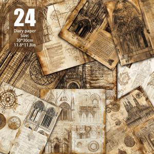 TEMU 고딕 필사본 및 대성당 블루프린트 디자인 24장, 고대 라틴 문헌 조각, 중세 건축 스케치, 황금 색상이 퇴색된 액센트, 깊은 갈색 텍스처, 고대 문장, 장식적인 경계 상세 - 장식용 종이, 재료 종이, 포장, 스크랩북, 고딕 스타일 콜라주, 11.8x11.8인치, 30x30cm, 고딕용지 | 고딕 건축 | 세부적인 삽화, 고딕 종이