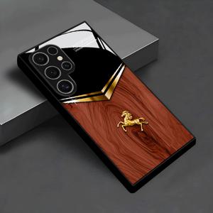 TEMU 삼성 갤럭시 S25, S24, S23, S22, S20 및 A 시리즈와 호환되는 갈색 텍스처에 금색 말 패턴이 있는 유리 폰 케이스 디자인, 고급 스타일을 제공합니다.