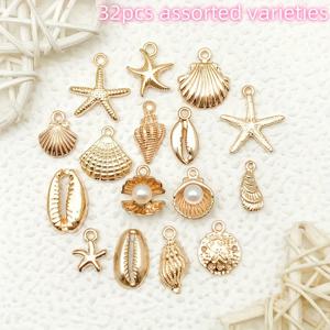 TEMU 32pcs 16 스타일 골든 오션 테마 알로이 찬스 - 별모양 바다거북, 해변, 조개 및 더 많은 것 - DIY 귀걸이, 팔찌 및 여름 하와이 공예, 여름 공예 용품에 이상적입니다. | 생동감 있는 찬스 정렬 | 내구성 있는 찬스, 바다 테마 장식
