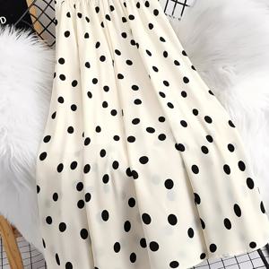 TEMU 우아한 하이웨이스트 폴카 도트 A라인 스커트 - 유연한 허리띠가 있는 플로우리 맥시 스커트, 블랙 앤 화이트 디자인, 봄/여름/가을에 완벽한 여성 패션, 캐주얼한 의상 | A라인 실루엣 | 폴리에스터 원단