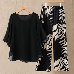 TEMU 여성용 우아한 라운드 넥 블라우스 & 하이웨이스트 팬츠 세트 - 세련된 브라운 & 화이트 동물 프린트, 반팔 상의와 프릴이 있는 밑단, 봄/여름용 와이드 레그 팬츠, 다용도한 의상|동물 프린트 팬츠|폴리에스테르 소재