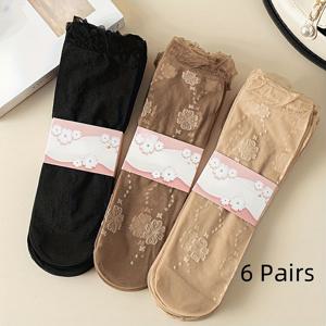 TEMU 3 쌍/6 쌍의 우아한 레이스 여성용 긴 양말, 꽃과 리본 패턴이 있는 소프트 폴리에스터 블렌드로 제작된 투명 발목 양말, 봄과 여름을 위한 통기성 있는 니트 디자인.