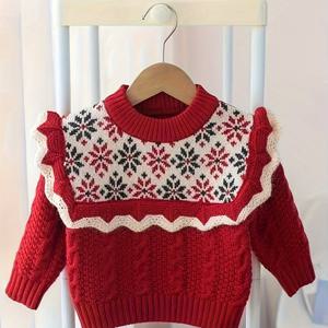 TEMU 여아용 두꺼운 겨울 스웨터 재킷 - 레드 & 화이트 케이블 가디건, 러플 칼라 & 반팔, 세탁기 사용 가능한 따뜻한 코트 (봄/가을 아우터)