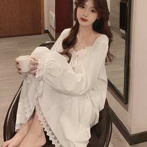 TEMU 여성용 일본 스타일 스위트 롱 슬리브 나이트가운 - 우아한 사각 넥 레이스 트림, 부드럽고 통기성 좋은 원단, 세탁 가능한 봄 여름 가을 홈웨어, 긴 소매 캐주얼 드레스, 편안한 잠옷, 클래식 나이트웨어, 편안한 홈웨어, 가벼운 니트가운, 성인 수면복|여름원피스|여름잠옷
