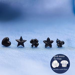 TEMU 10개/5쌍 블랙 이어링 세트 심플하고 귀여운 다양한 스타일 기하학적 패턴 이어링 - 하이포알러지 적어도 귀 뚫기 관리 하트와 보우 디자인 이어링 남성과 여성에게 적합한 우아하고 섹시한 스타일 일상적으로 다용도로 사용할 수 있습니다.