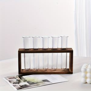 TEMU 현대적인 나무 수증기 화분 스탠드, PET 실험관 디자인 - 사무실 책상용 실내 식물 홀더, 내구성 있는 재활용 나무 장식, 식물 장식, 책상 액세서리, 세련된 구조, 자연스러운 마감