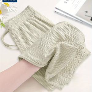 TEMU GENIO LAMODE 여성용 여름 아이스슬리키 섬유 와이드 팬츠 - 가벼운 쿨링 & 모기 방지, 신축성 드로스트링 허리, 루즈핏 레그 디자인 포켓 포함, 솔리드 컬러 캐주얼 휴가복, 여행 의류, 통기성 원단, 편안한 스타일