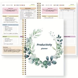 TEMU 1개 TREES 생산성 플래너 - 날짜 미표시 일기장, 스판 바인딩 & 하드커버, 풀컬러 파스텔 페이지, 성인을 위한 집중력 향상 및 목표 달성 지침서 포함, 목표 설정 다이어리, 잎무늬 디자인, 내구성 있는 스판 바인딩|다이어리|일기장