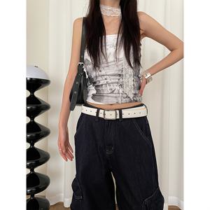 TEMU 여성용 화이트 PU 가죽 벨트 - 빈티지 스타일 조절 가능한 허리끈, 아이렛 & 버클 포함, 청바지 및 드레스용, 캐주얼 의상 향상, 장식적인 천공, 질감 마감